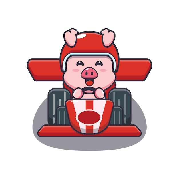 cute pig mascot cartoon character riding race car