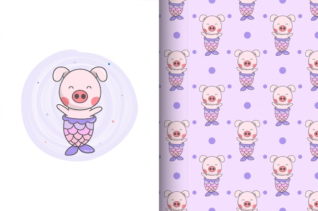 Cute pig mermaid and seamless pattern.