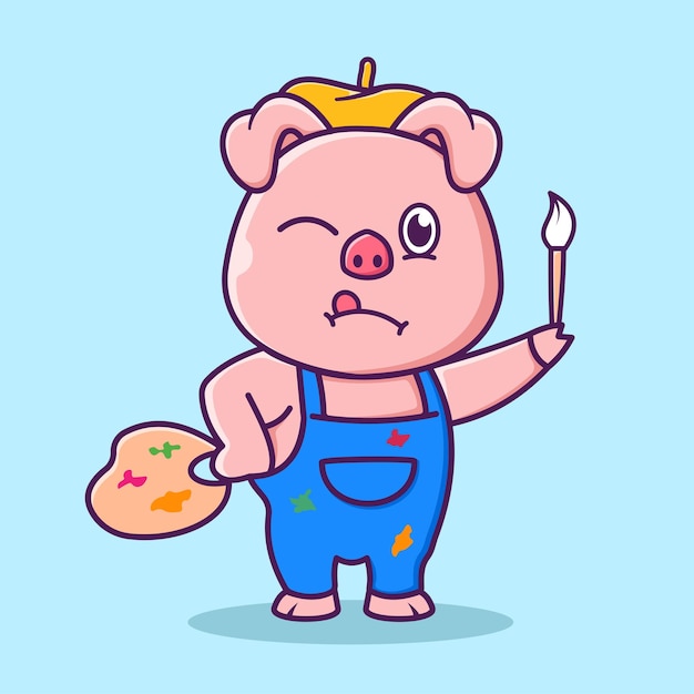 Cute Pig Painting Illustration Vector Icon Isolated