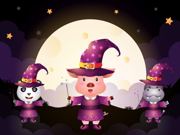 A cute pig, panda and hippo with costume witch halloween character on full moon background