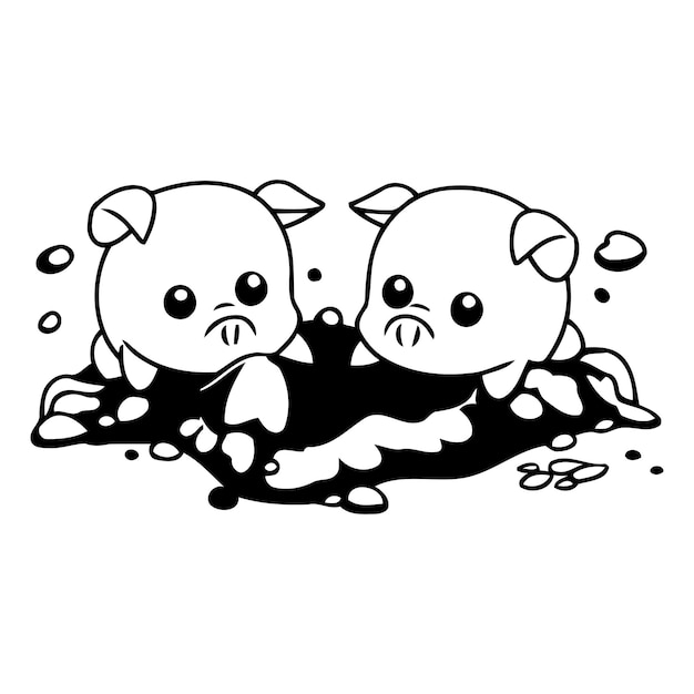 Cute pig and piggy in the mud Vector illustration