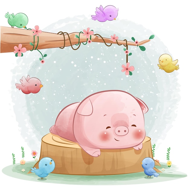 Cute pig playing with birds watercolor illustration