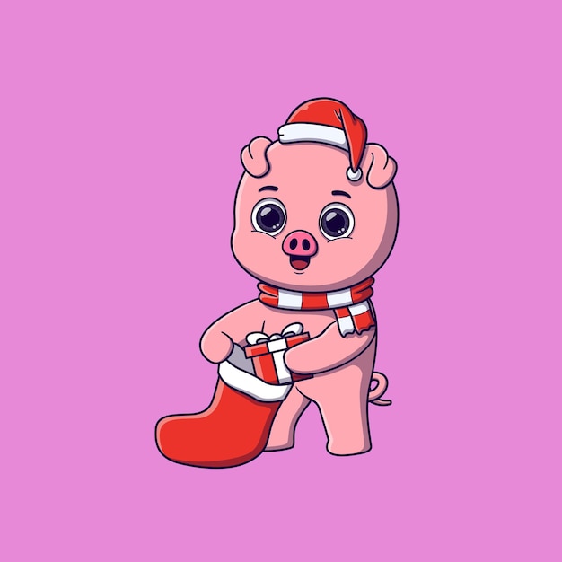 Cute pig putting gift box in Christmas sock