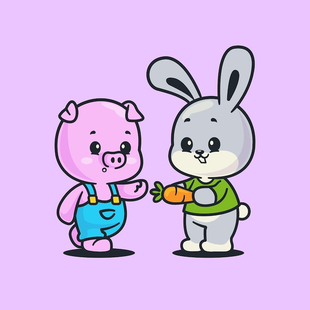 Cute Pig and Rabbit Icon Vector Illustration