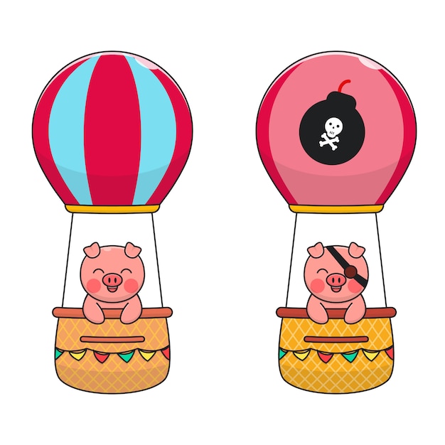 Vector cute pig ride air balloon