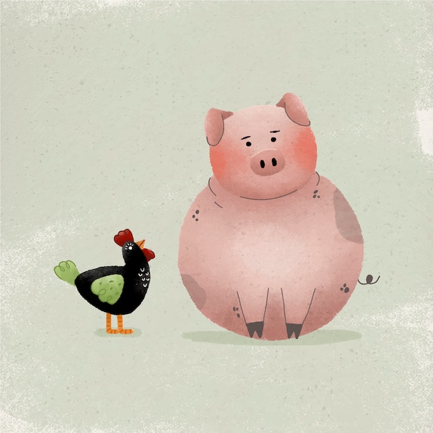 Vector cute pig and rooster watercolor