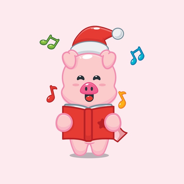 Vettore maiale carino canta una canzone di natale illustrazione di cartone animato carino natale