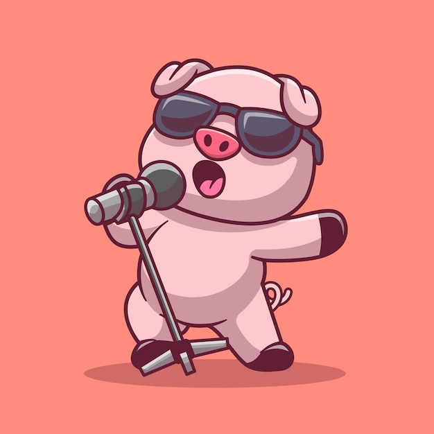 Vector cute pig singing cartoon vector icon illustration animal music icon concept isolated premium vector