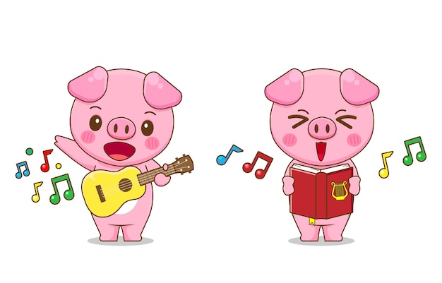 Vector cute pig singing and playing guitar isolated