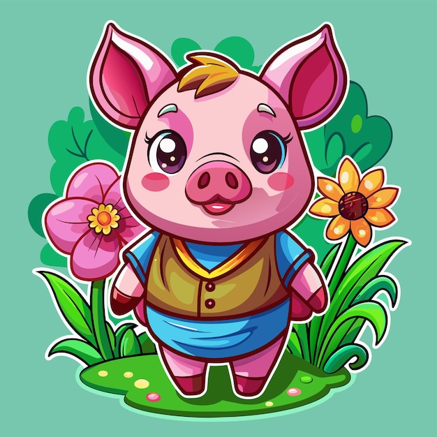 Cute pig standing and smiling hand drawn mascot cartoon character sticker icon concept isolated