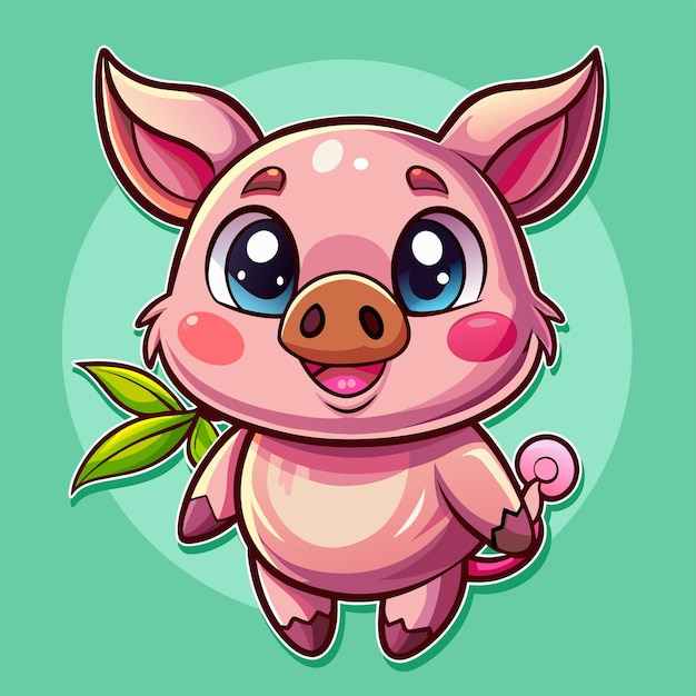 귀여운 돼지 서서 웃는 손으로 그린 마스코트 만화 캐릭터 스티커 아이콘 개념 고립