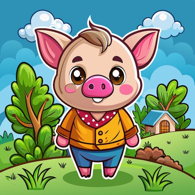 Милая свинья, стоящая и улыбающаяся, нарисованная вручную талисман, персонаж мультфильма, наклейка, икона, концепция изолирована