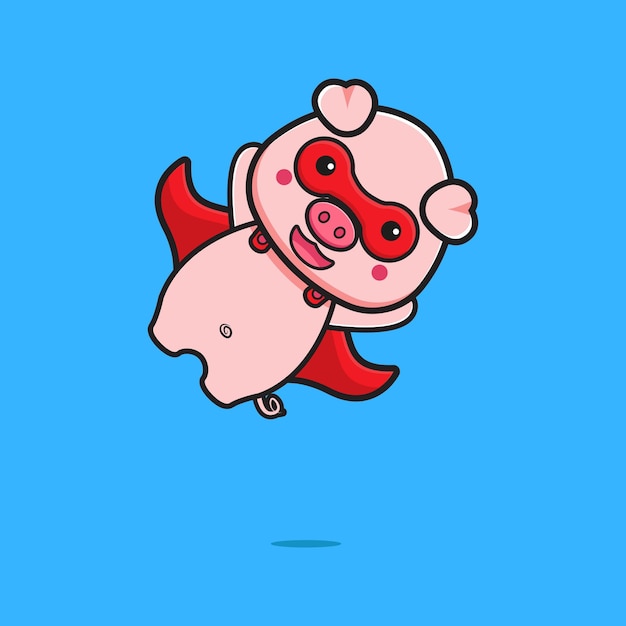귀여운 돼지 슈퍼 영웅 비행 만화 아이콘 그림입니다. 디자인 고립 된 평면 만화 스타일