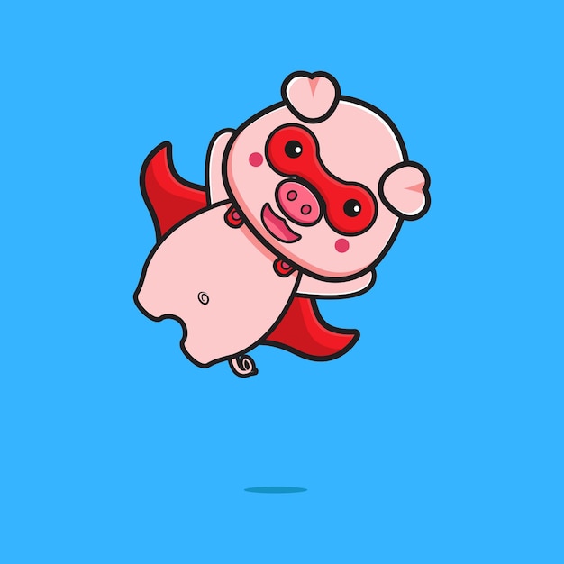 Cute pig super hero flying cartoon icon illustration. Design isolated flat cartoon style