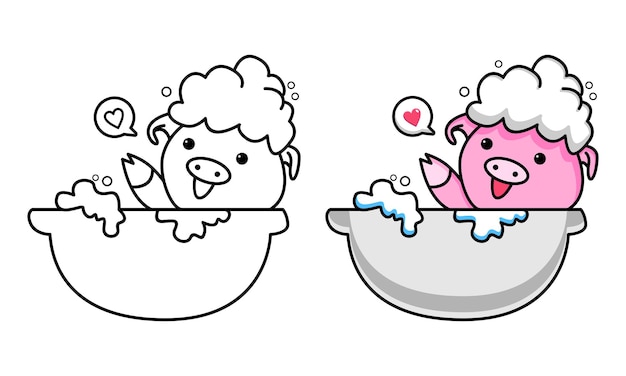 Cute pig take a bath coloring page for kids