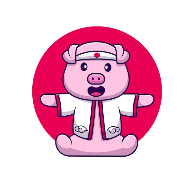 Cute pig wearing japanese costume cartoon vector icons illustration