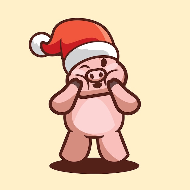 Maiale carino che indossa il cappello di babbo natale per il vettore della mascotte dei cartoni animati dell'evento di natale