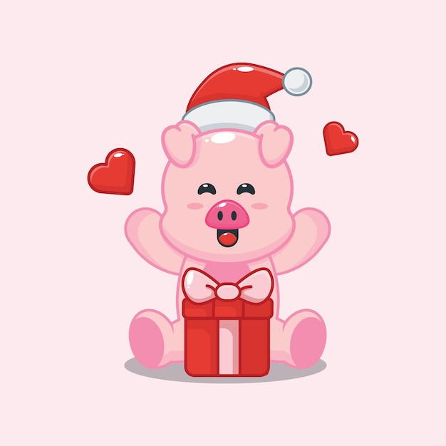 クリスマスの日にギフトボックスとサンタの帽子をかぶってかわいい豚かわいいクリスマス漫画イラスト