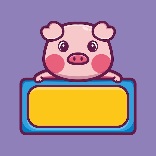 Cute pig with empty board cartoon character premium vector