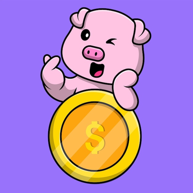 Cute pig with gold coin cartoon vector icon illustration