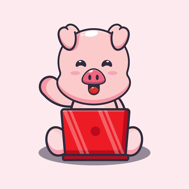 ノートパソコンとかわいい豚かわいい漫画の動物のイラスト