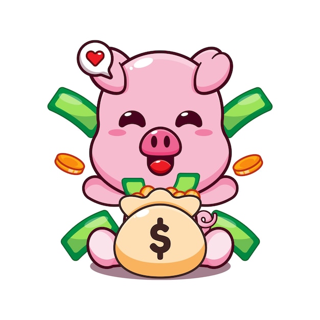 cute pig with money bag cartoon vector illustration