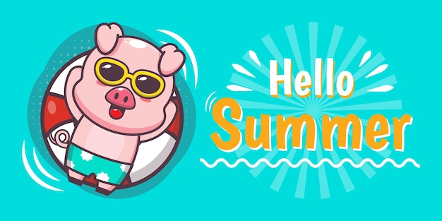 cute pig with summer greeting banner