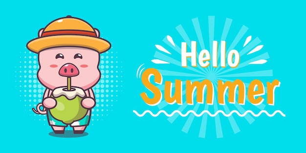 Cute pig with summer greeting banner