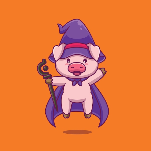 Cute pig wizard with magic wand cartoon illustration