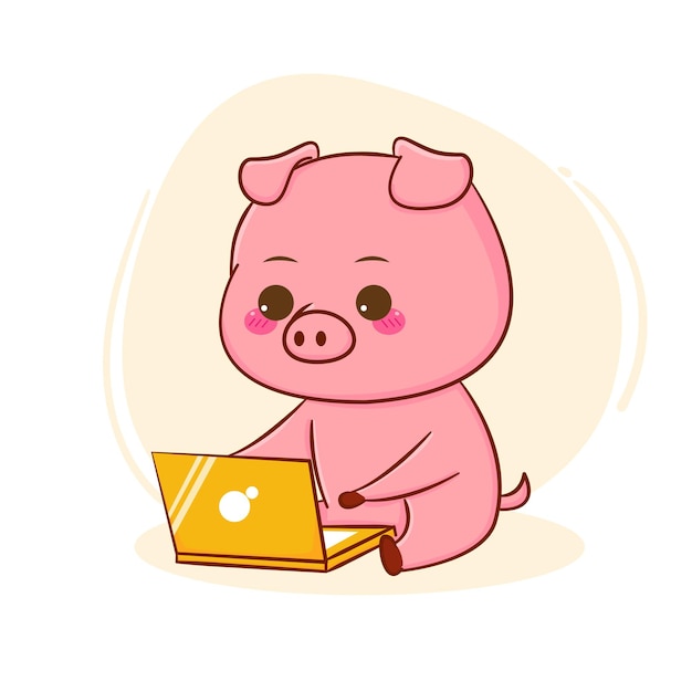 Cute pig working on laptop cartoon character isolated hand drawn style