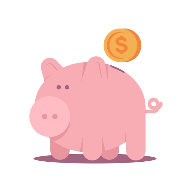 Cute piggy bank with gold coin vector cartoon character isolated on a white background