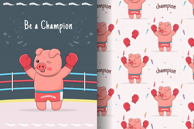 Cute piggy boxer seamless pattern and card