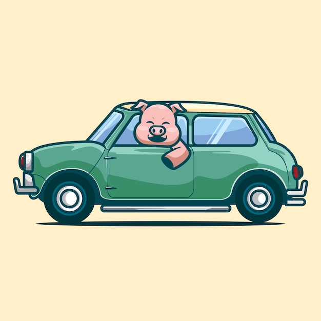 Illustrazione di cartone animato carino maialino alla guida di un'auto kawaii