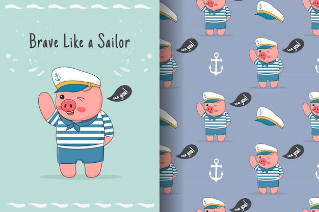 Cute piggy sailor seamless pattern and card