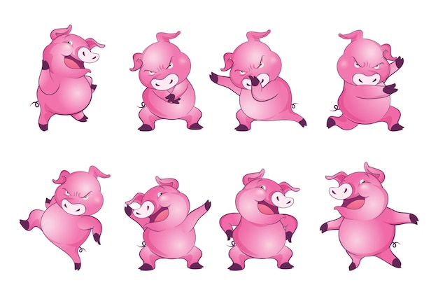 Cute pigs cartoon character cheerful funny dancing many actions