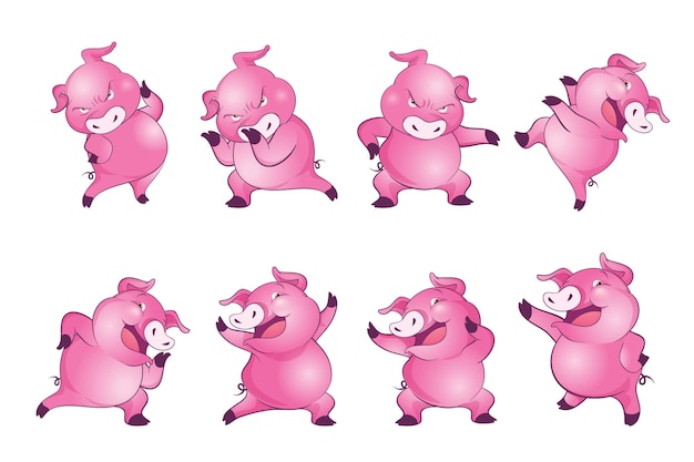 Cute pigs cartoon character cheerful funny dancing many actions