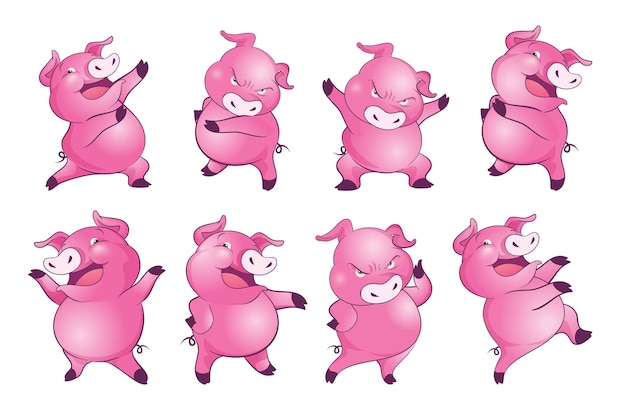 Cute pigs cartoon character cheerful funny dancing many actions