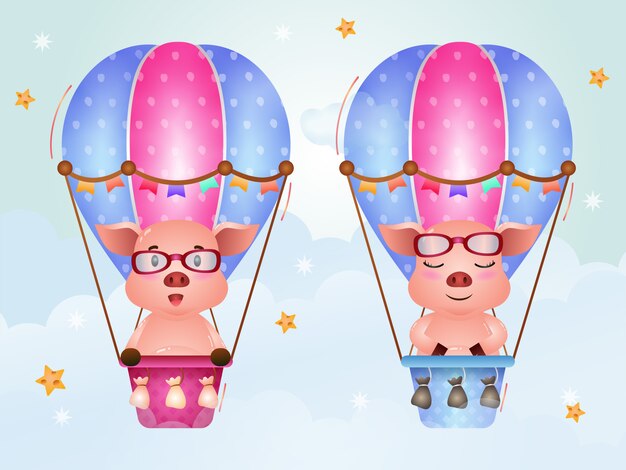 Cute pigs on hot air balloon