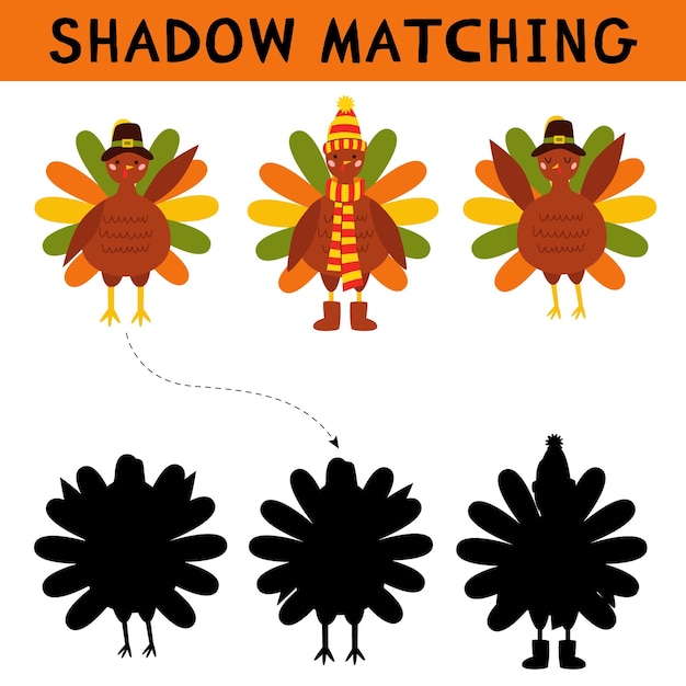 Cute pilgrim turkey shadow matching activity for children Bird animal character wearing a pilgrims hat Find the correct silhouette printable worksheet