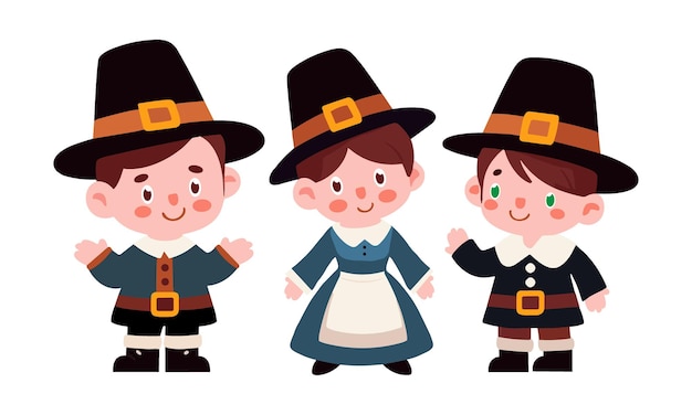 Cute pilgrims set in cartoon and flat style Thanksgiving clipart for kids