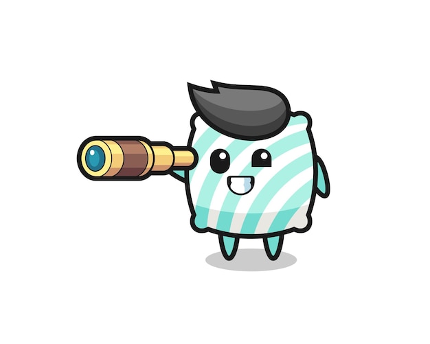 かわいい枕のキャラクターは古い望遠鏡を持っています