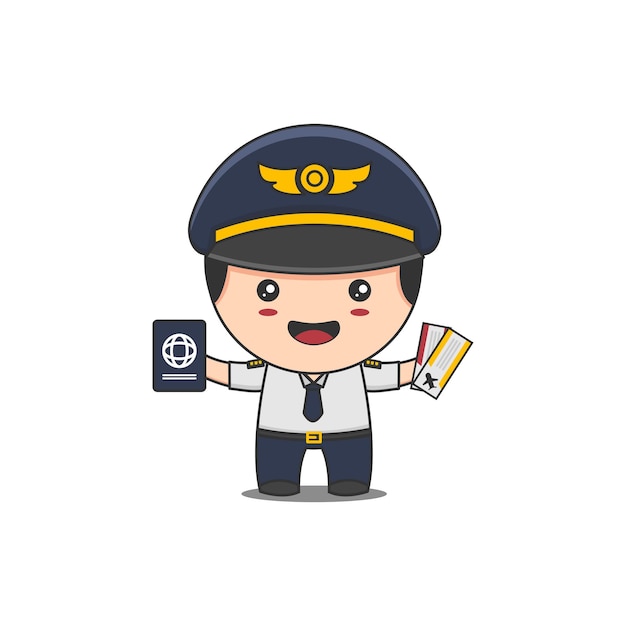 Cute pilot character holding passport and airplane ticket