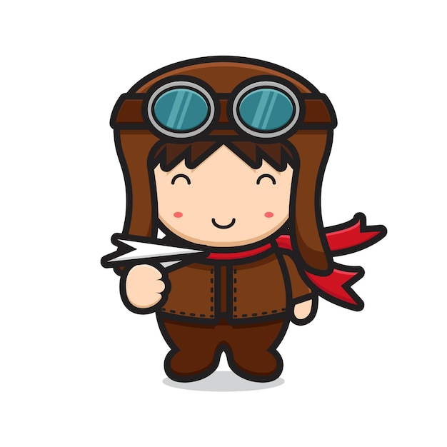 Vector cute pilot mascot character playing paper plane