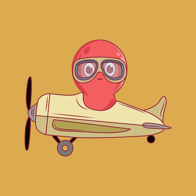 Cute Pilot octopus with airplane Cartoon Sticker vector Illustration