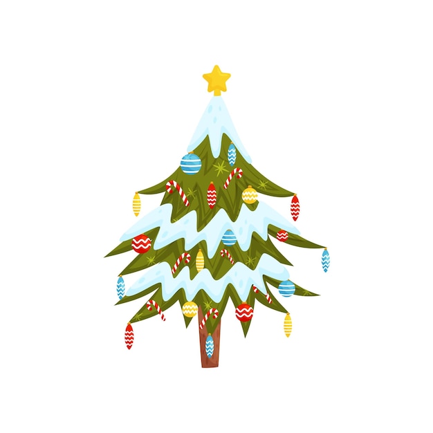 Cute pine tree decorated with colorful toys and candy canes golden star on top Traditional attribute for Christmas and New Year celebration Flat vector illustration isolated on white background