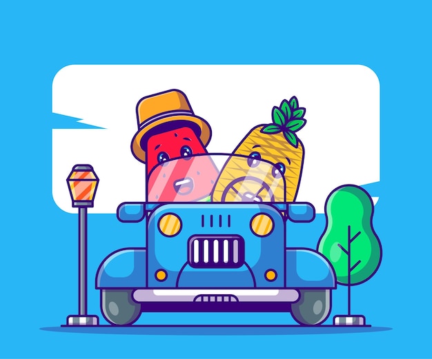 かわいいパイナップルとスイカが車を運転する夏の漫画イラスト