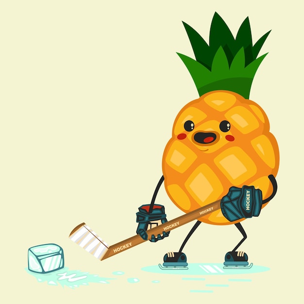 Simpatici personaggi dei cartoni animati di ananas per giocare a hockey con un pezzo di ghiaccio. mangiare sano e fitness. illustrazione vettoriale isolato su sfondo.