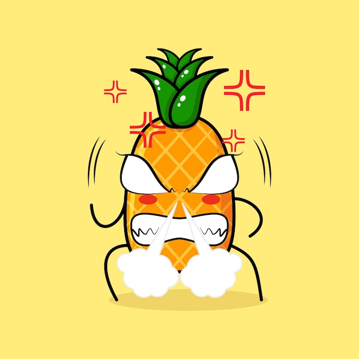 Vector 怒った表情のかわいいパイナップルのキャラクター。鼻をかむ煙、目が膨らんでニヤリと笑う