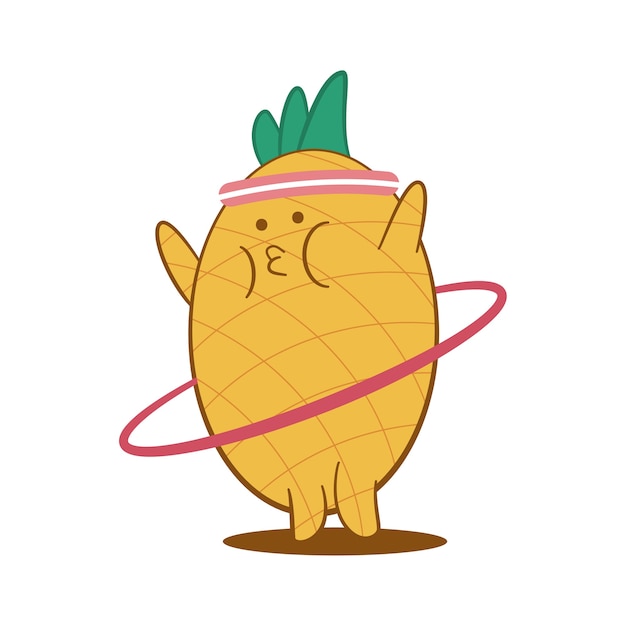 Cute pineapple doing exercises with hula hoop cartoon character