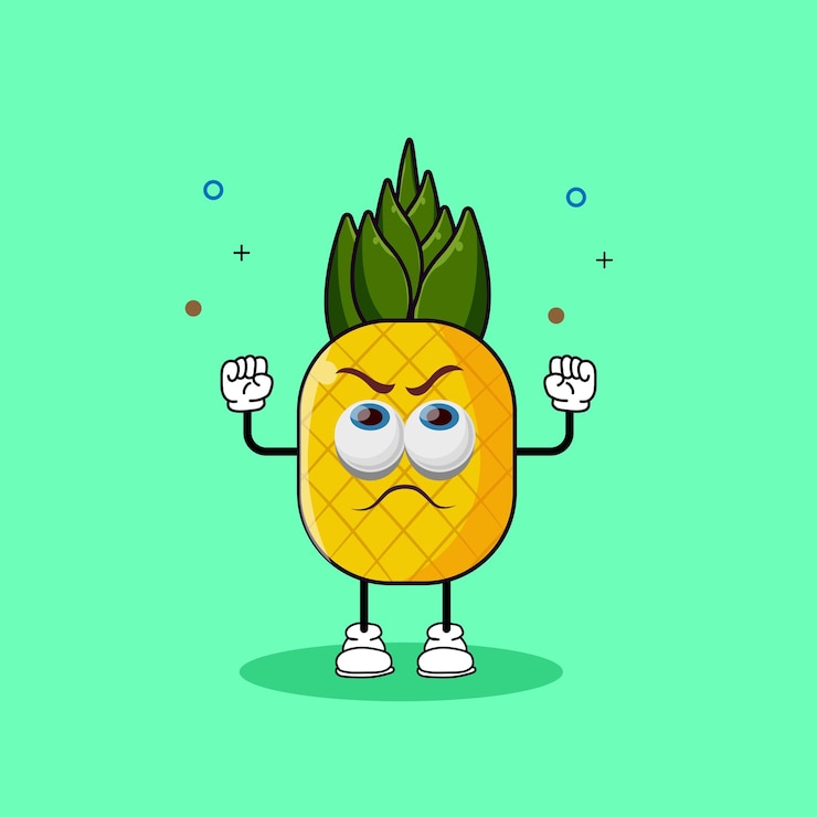 Vector cute pineapple fruit character is pouting looking up